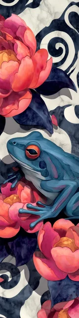 Free printable frog bookmark featuring blue frog with big pink flowers